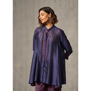NWT Nicobar Back Gathered Top Navy Embroidered Size Medium Tunic Oversized